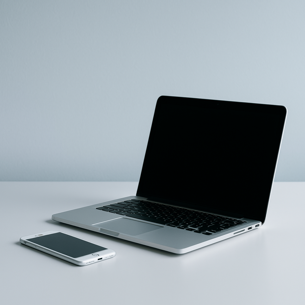 白と淡いブルーの空間にMacBookとiPhoneが並ぶ、ミニマルで静かな構図