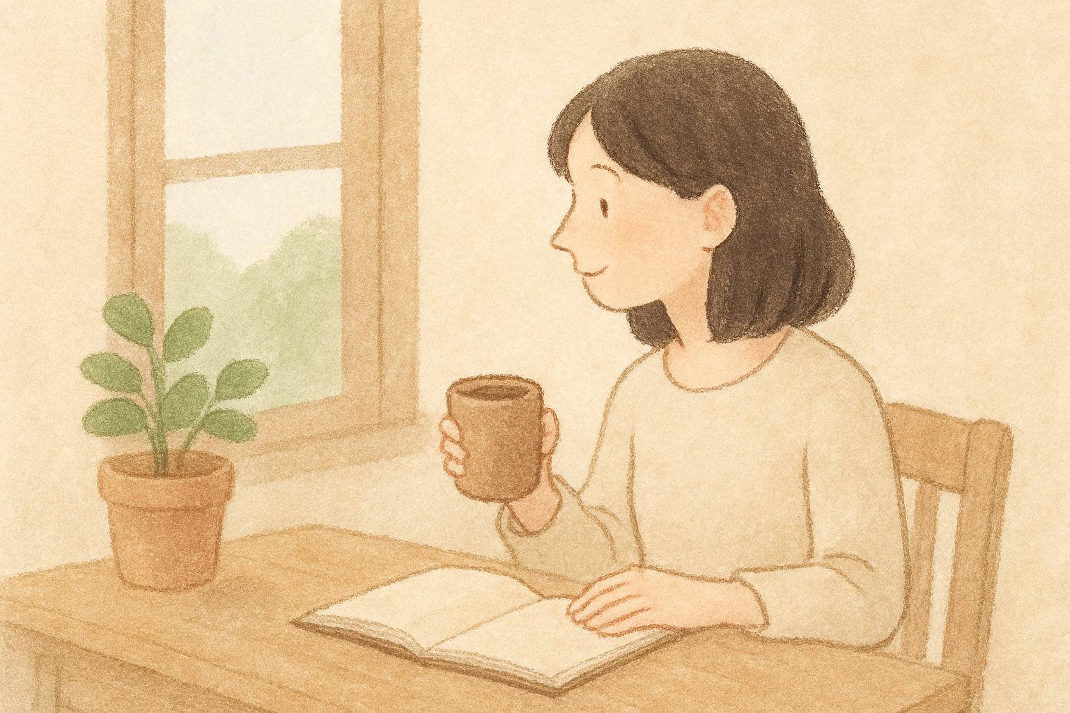 窓辺でノートを開き、静かに資産づくりに向き合う女性のイラスト。やわらかな光と植物が、穏やかな暮らしを感じさせる。